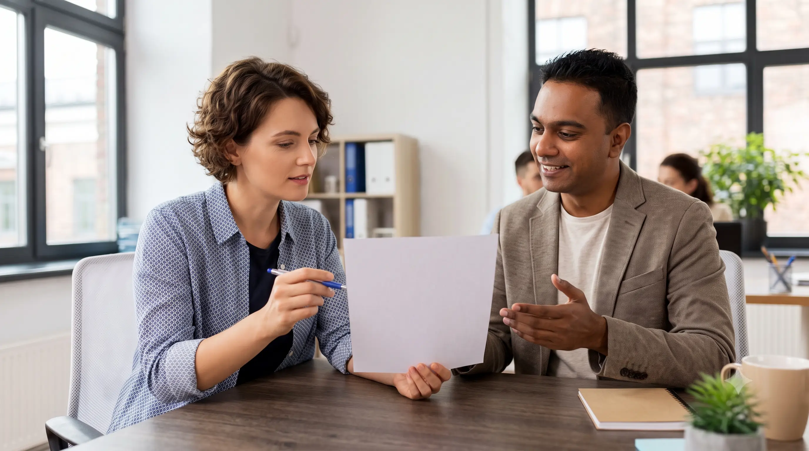 A woman in a blue button-up shirt is seated at a wooden table, discussing a document with a man in a light gray blazer. They are in an office with large windows and plants in the background. This scene suggests collaboration in real estate title search, title production, and title examination services.