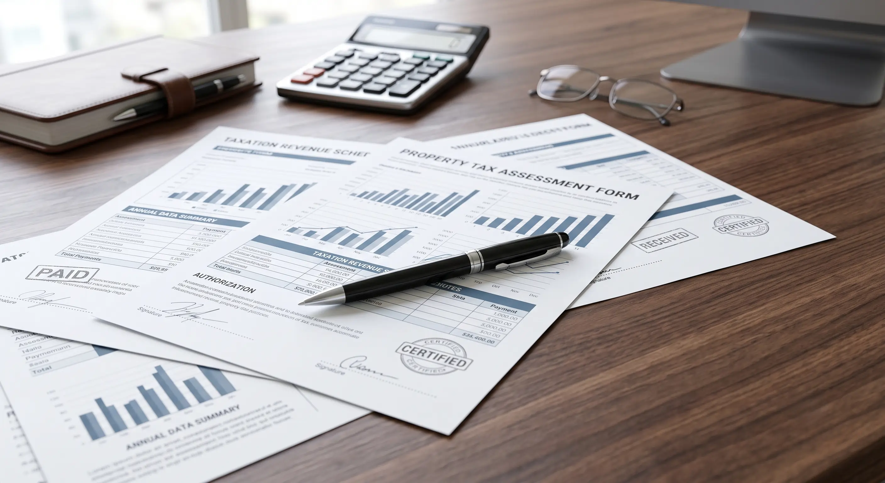 Professional property tax paperwork with signing pen