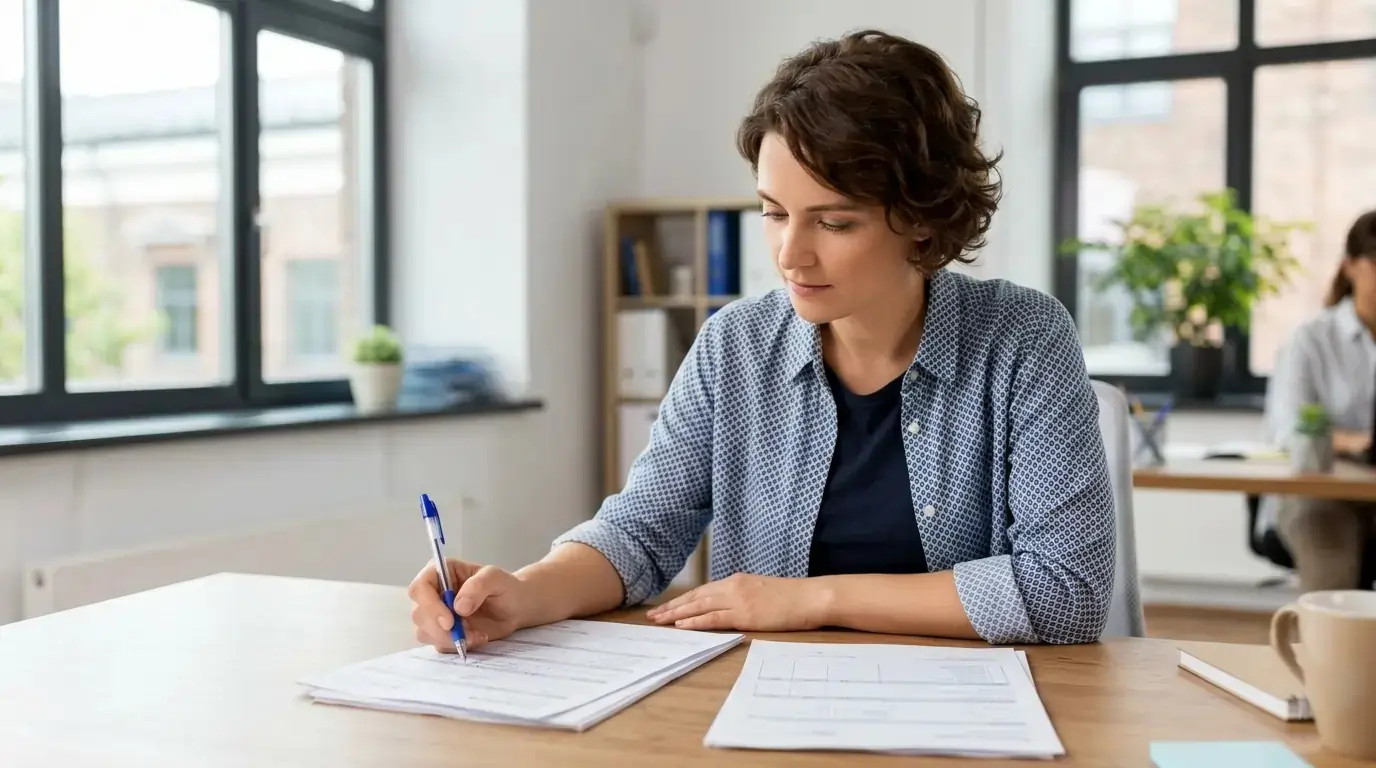 A woman in a patterned shirt sits at a wooden desk in a sunlit office, carefully writing on documents with a blue pen.