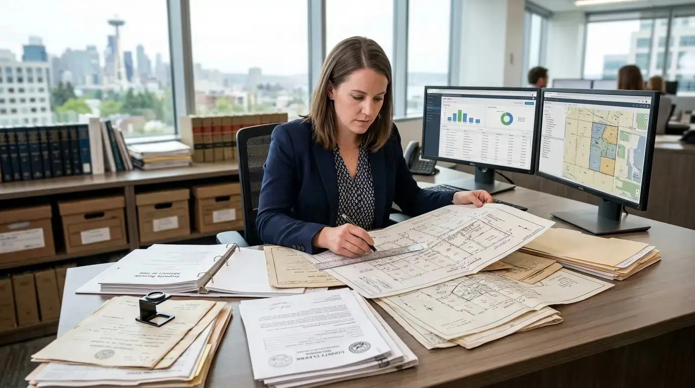 A woman in a navy blazer examines documents on a desk covered with blueprints and papers, while two computer monitors display graphs and data. Large windows reveal a skyline view of Seattle, with greenery visible outside. Relevant keywords: title-search-t