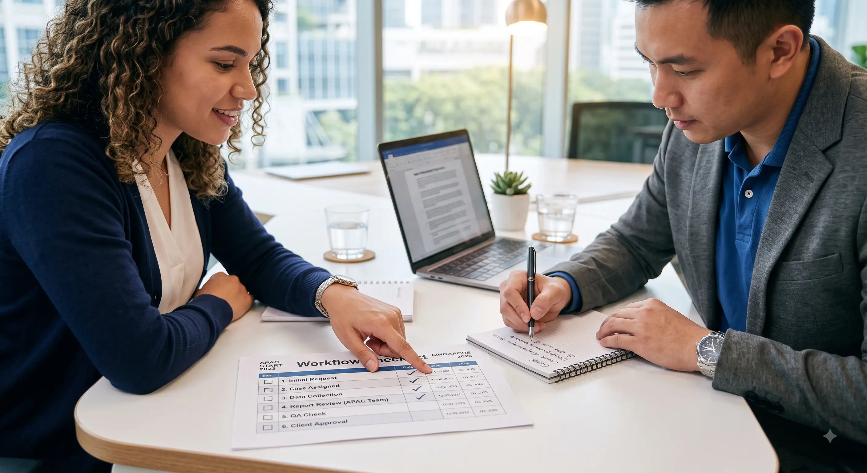 Real estate business owner reviewing back-office support operations with GravityOne Solution team member in professional office setting