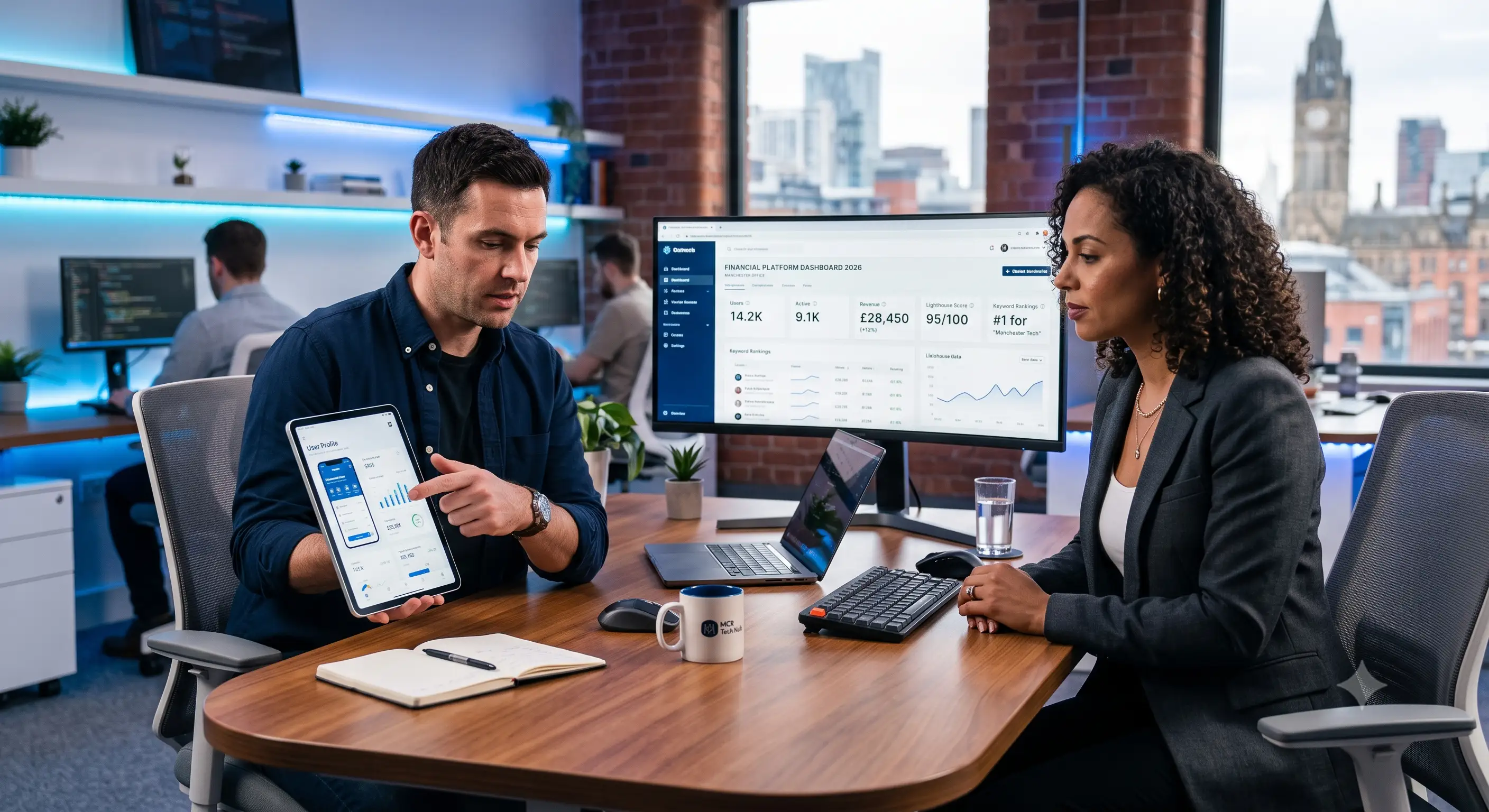 Developer and business client reviewing custom web and mobile app development project together – GravityOne Solution digital solution