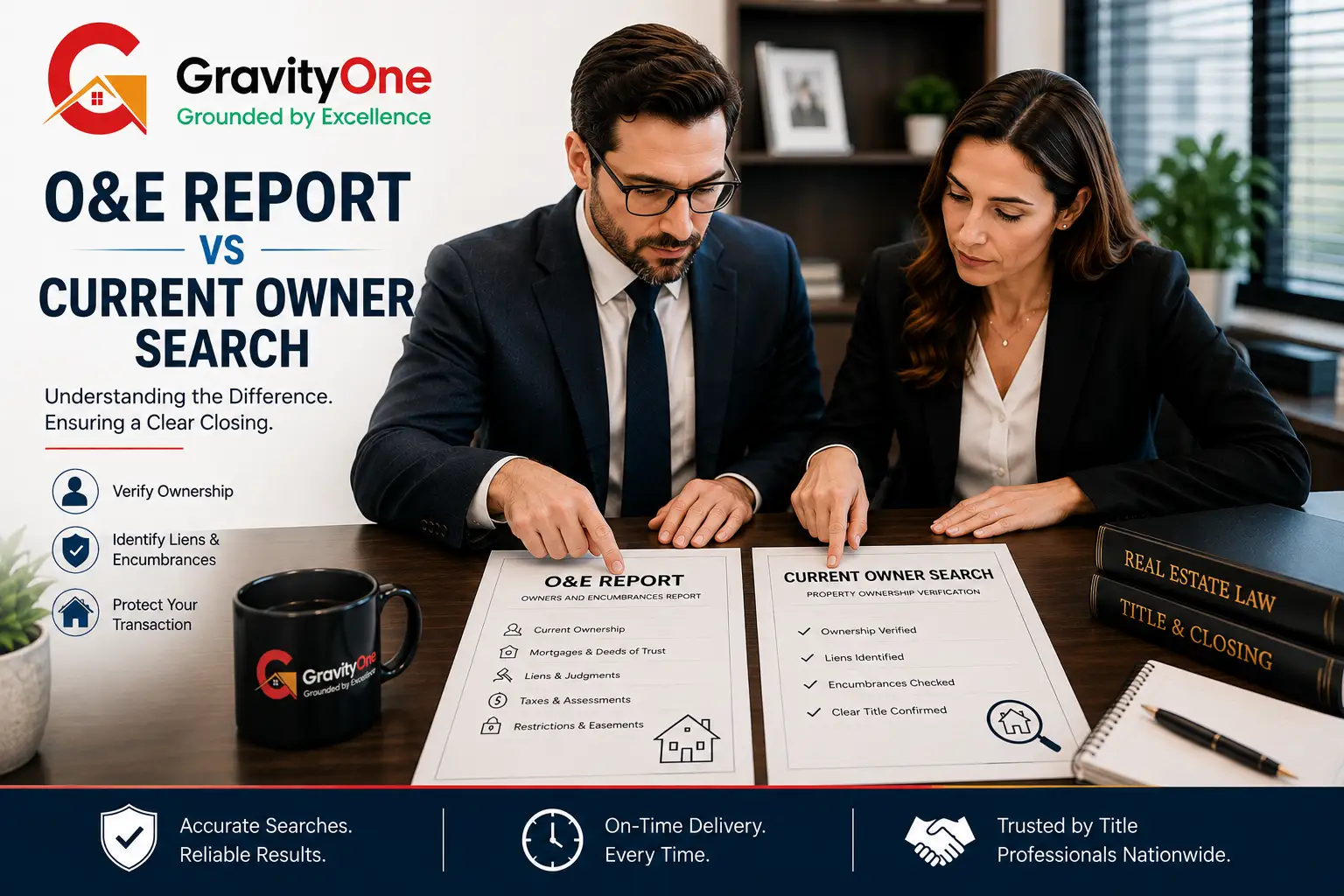 Title professional explaining current owner search findings including liens and title issues to homebuyer couple – GravityOne Solution