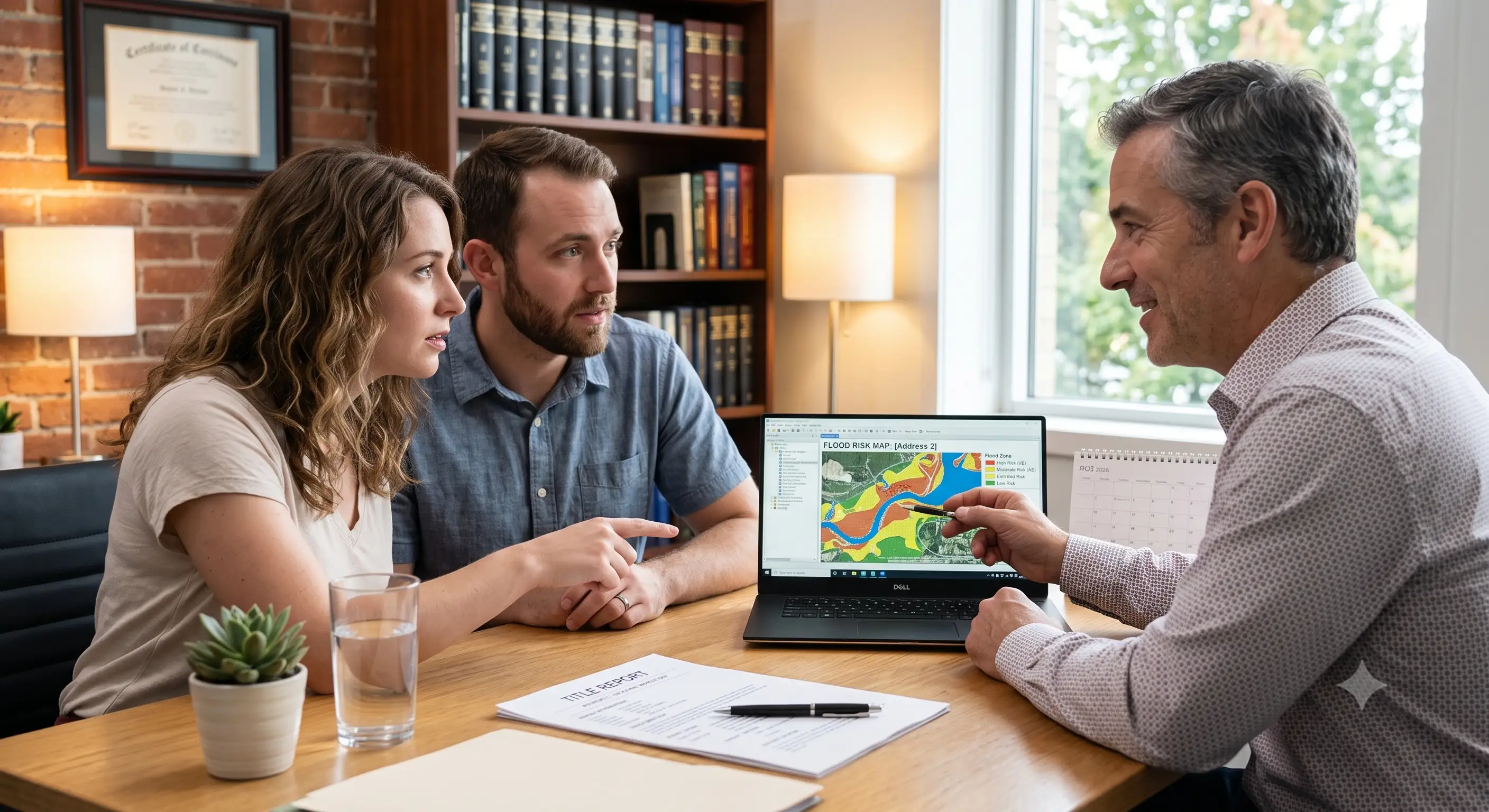 Flood determination consultant explaining flood zone AE risks to homebuyers before closing – GravityOne Solution flood determination services