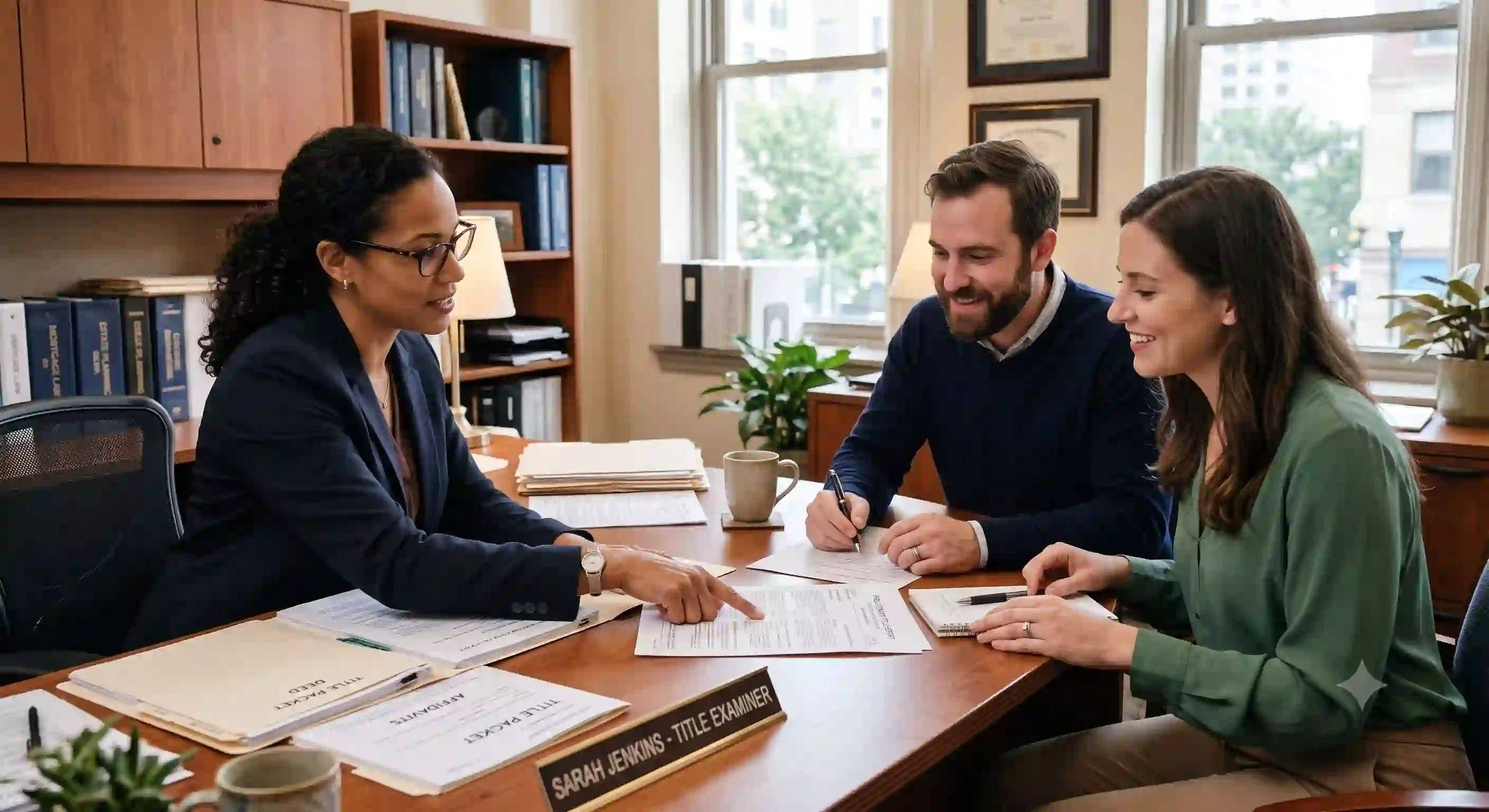 Alt	Title examiner explaining a preliminary title report to homebuyers before closing – GravityOne Solutions title examination services