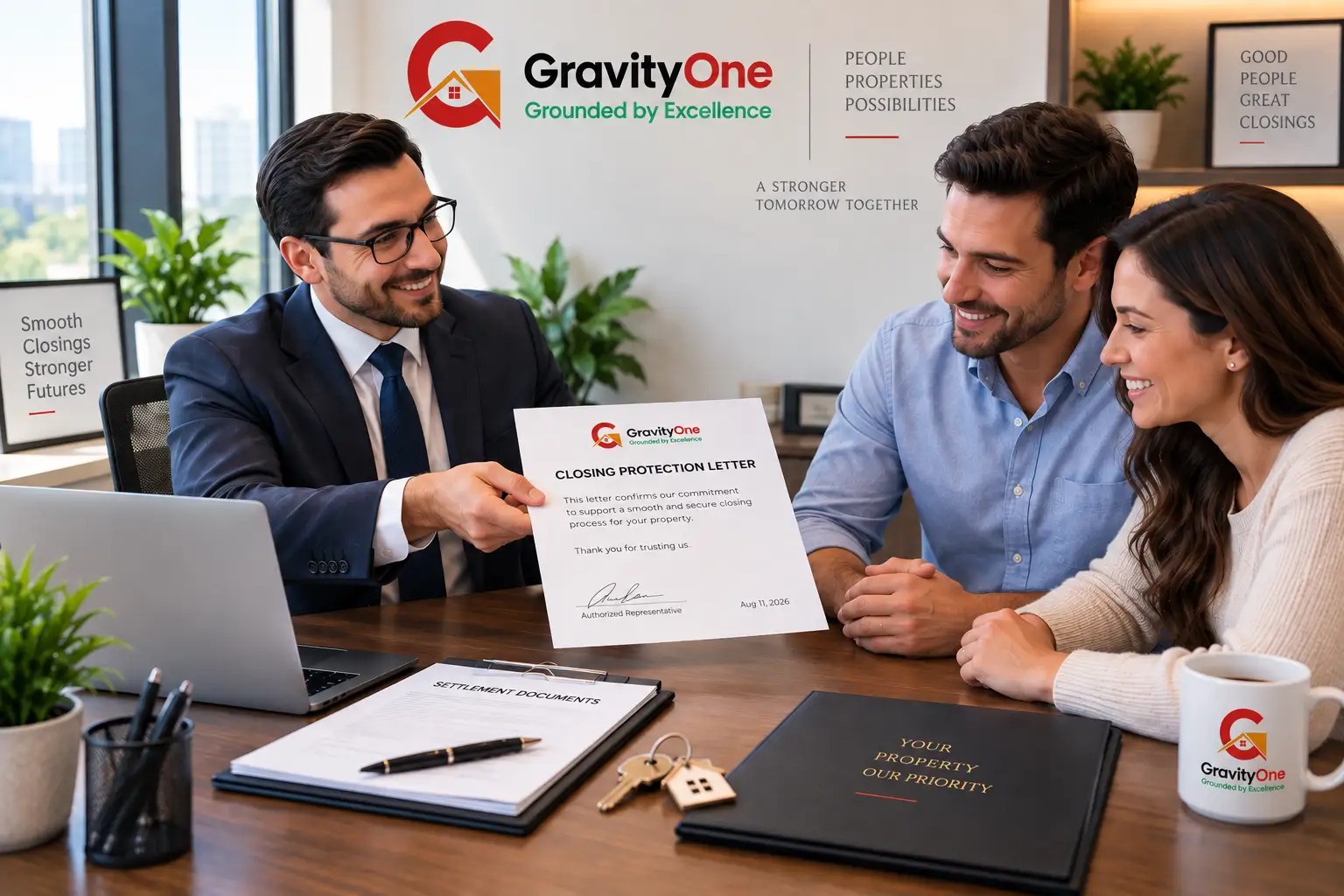 eal estate attorney presenting a Closing Protection Letter to homebuyer couple at closing table – GravityOne Solution CPL services