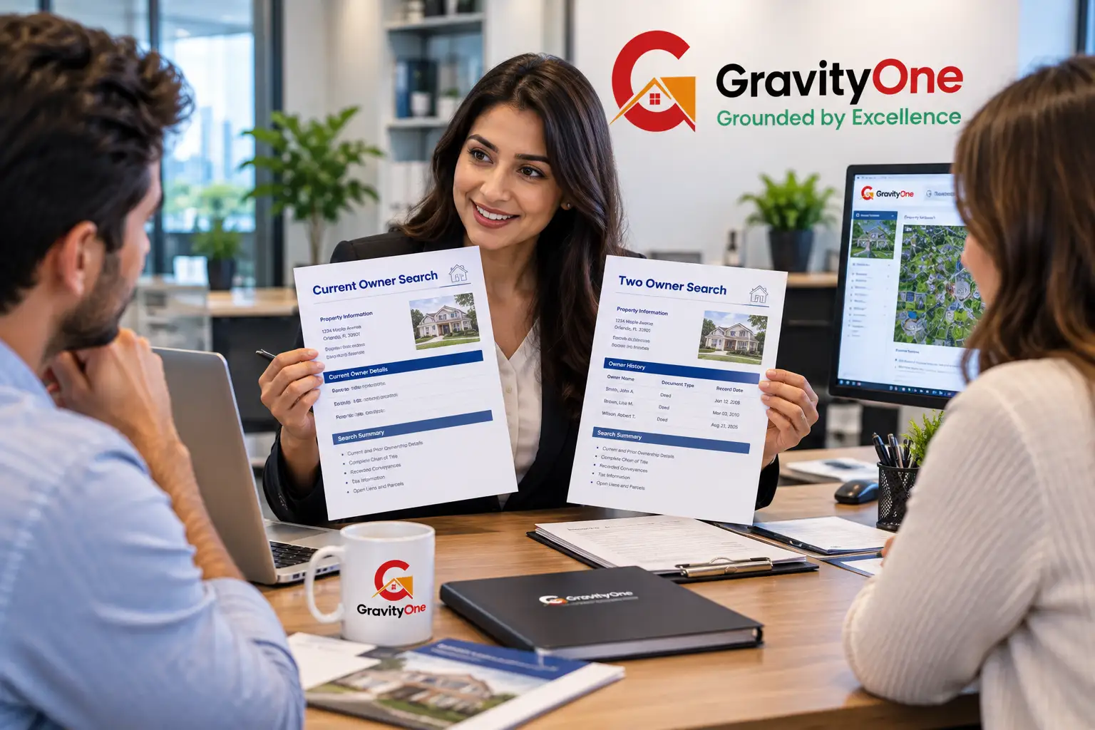 Title professional comparing current owner search and two owner search reports with homebuyer couple – GravityOne Solution title production