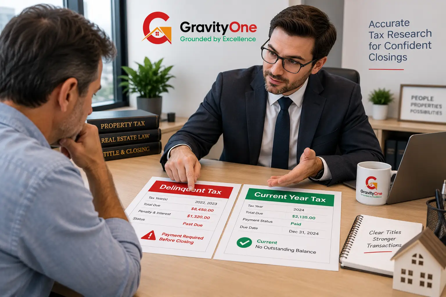 Tax consultant explaining delinquent and current year property tax services to property owner at office desk – GravityOne Solution