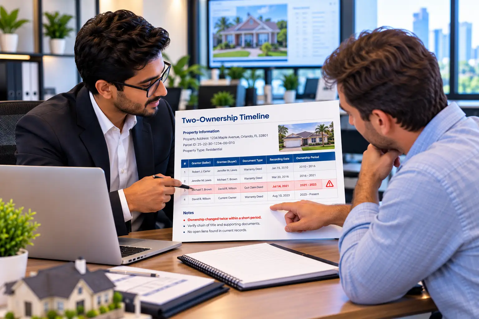 Real estate investor and title examiner reviewing two owner search ownership timeline to protect property investment – GravityOne Solution