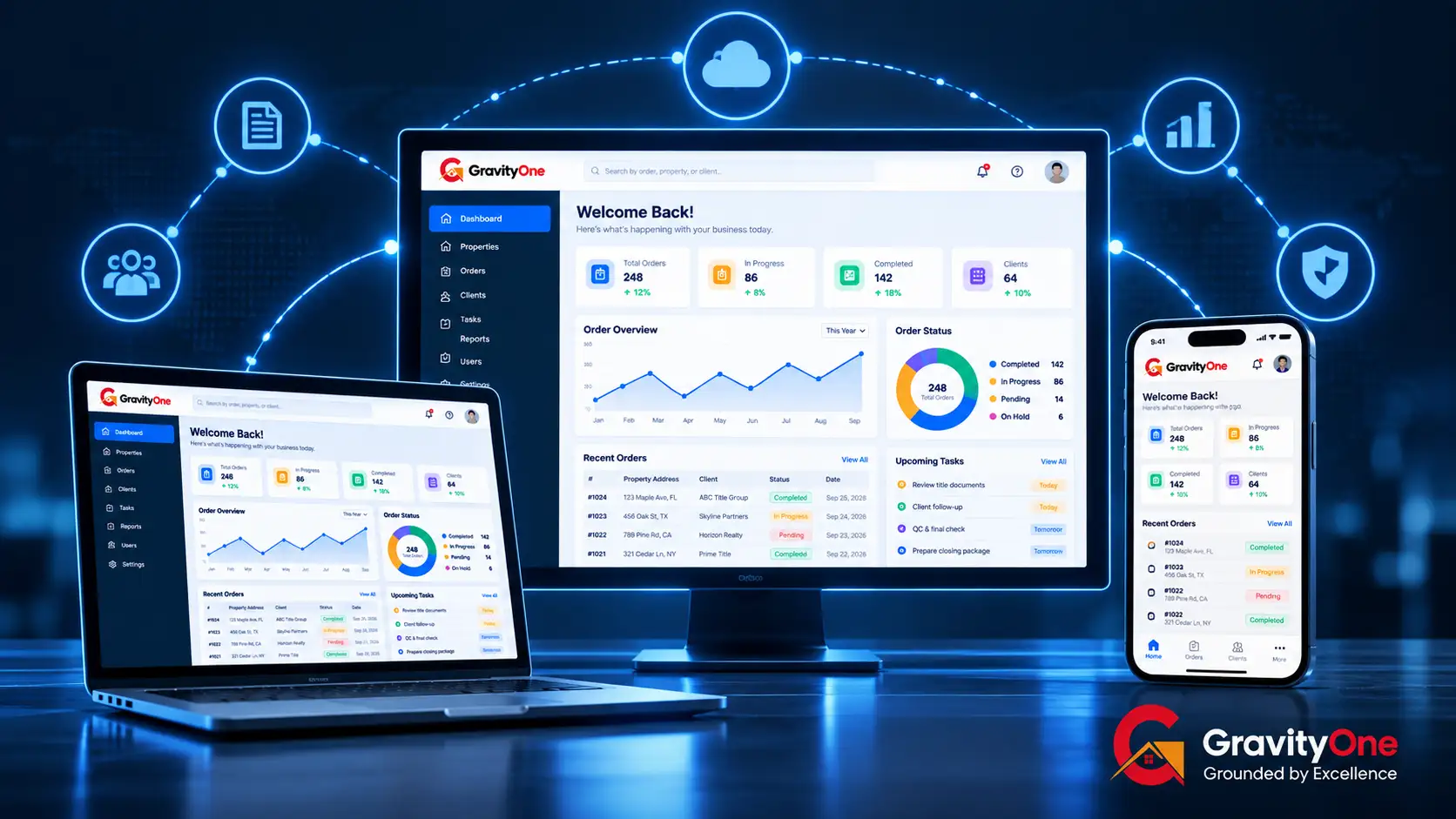 GravityOne Solution developer presenting custom software solution on monitor to business owner in modern tech office environment