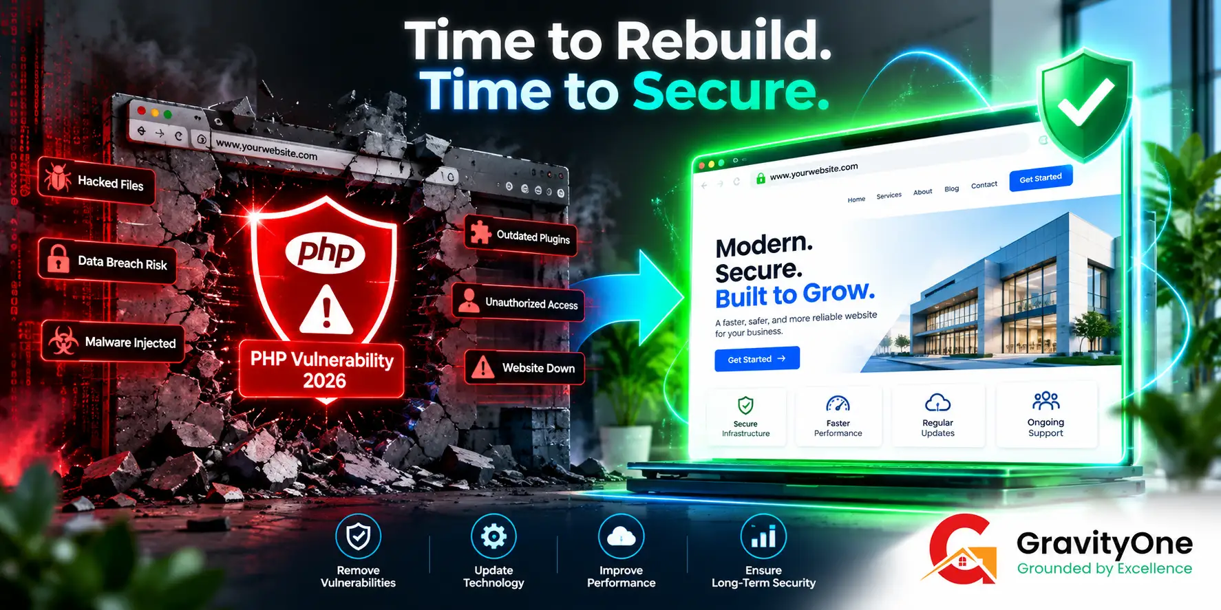PHP vulnerability 2026 versus GravityOne secured website comparison thumbnail