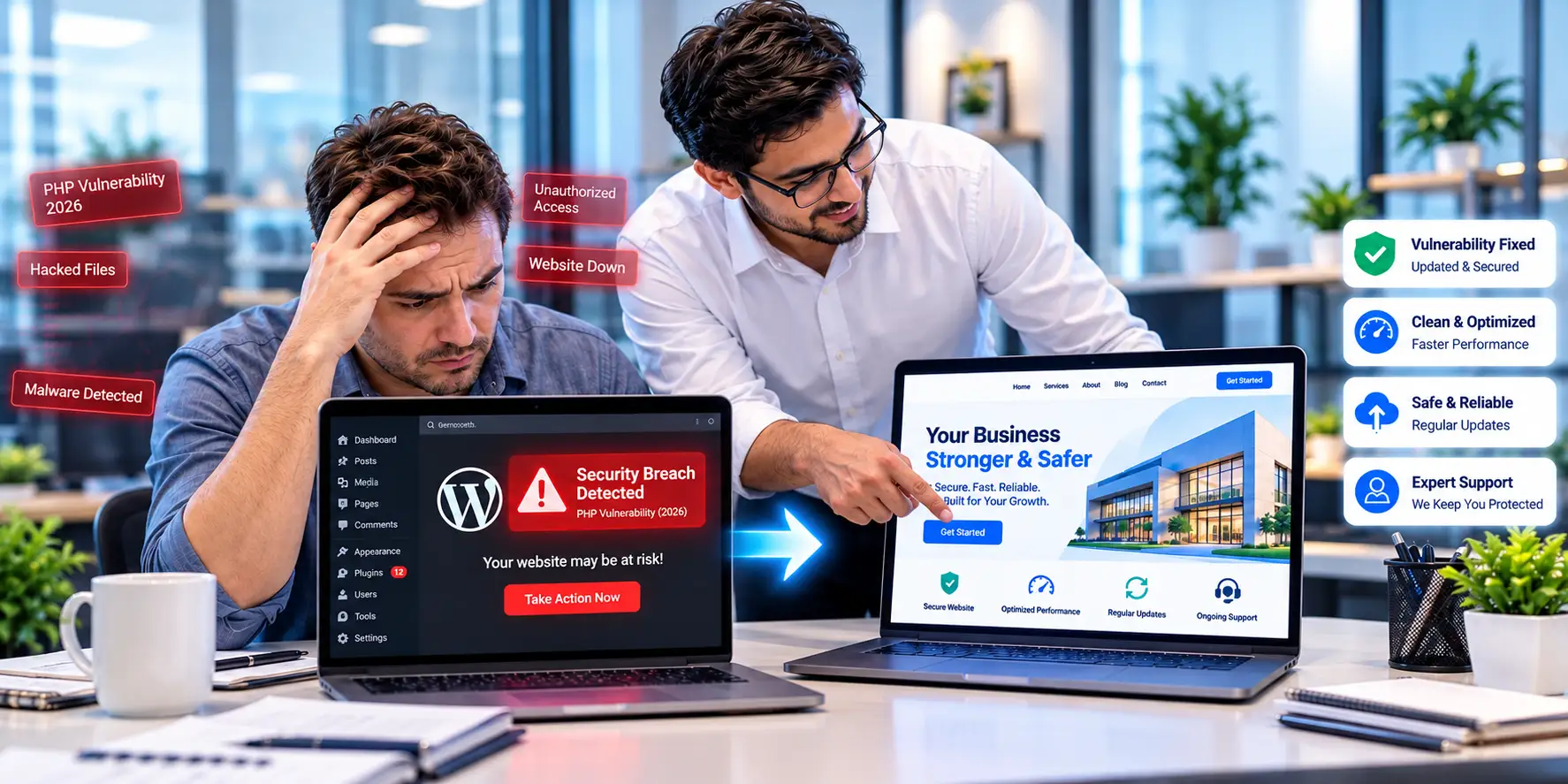 Cybersecurity professional monitoring PHP2Shell critical vulnerability CVE-2026-109618 on dual monitor workstation – GravityOne Solution web security services