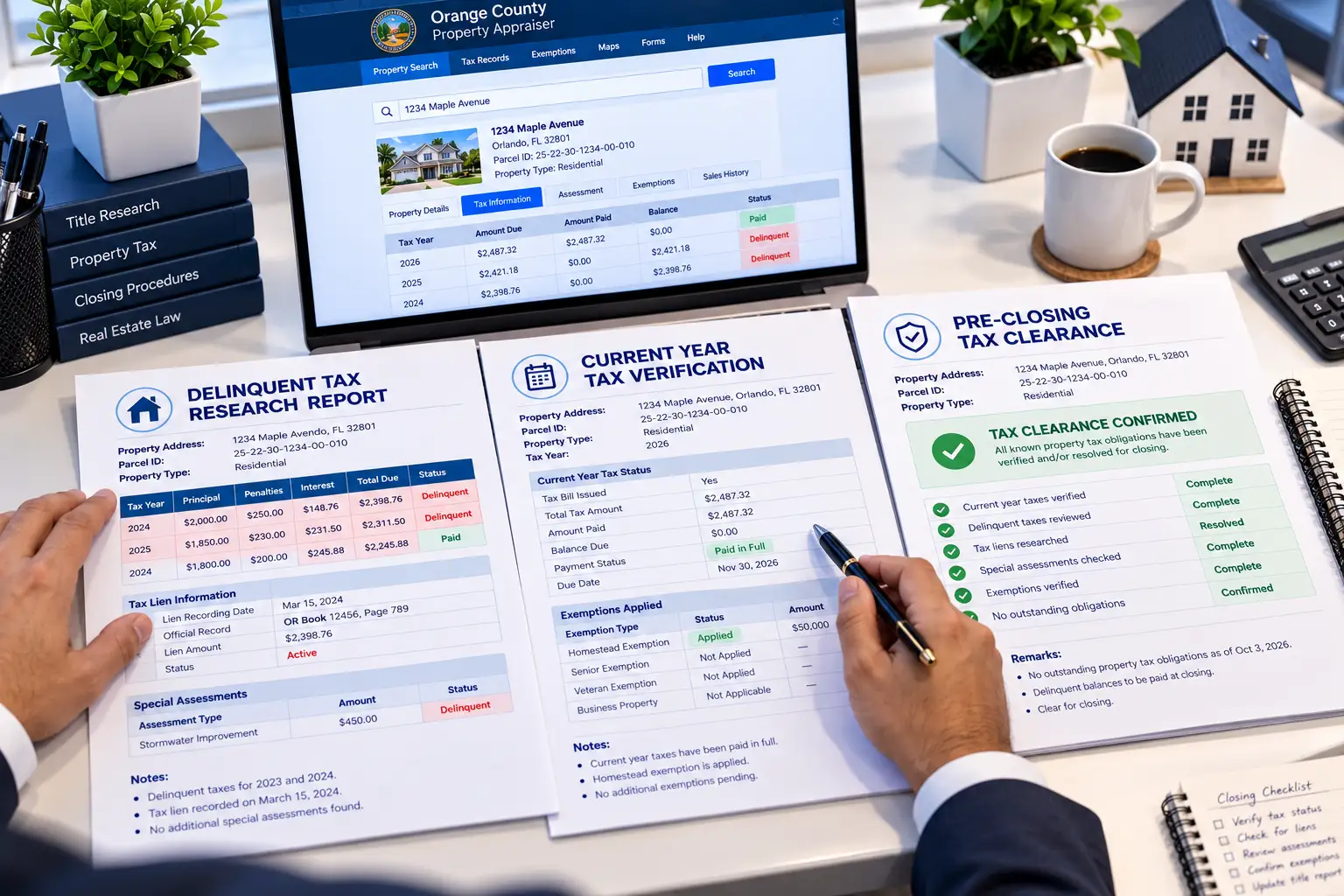 Property tax support documents showing delinquent tax research, current year tax verification and pre-closing clearance confirmation on desk – GravityOne Solution